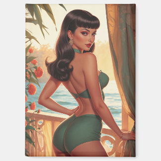 Brunette Pin-Up Green Bikini Seaview Balkon Magneet