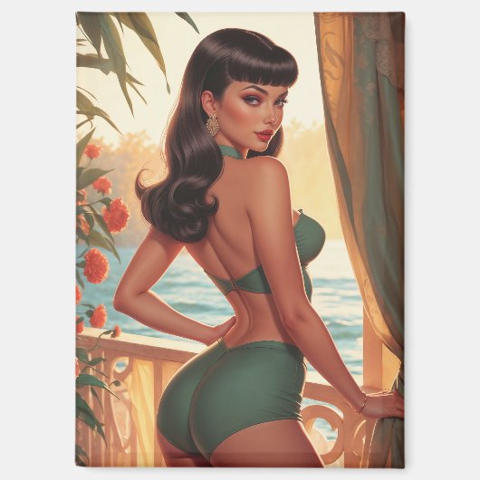 Brunette Pin-Up Green Bikini Seaview Balkon Magneet (Voorkant)