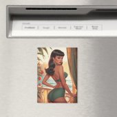Brunette Pin-Up Green Bikini Seaview Balkon Magneet (Insitu (Vaatwasser))