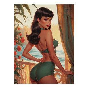 Brunette Pin-Up Green Bikini Seaview Balkon Perfect Poster