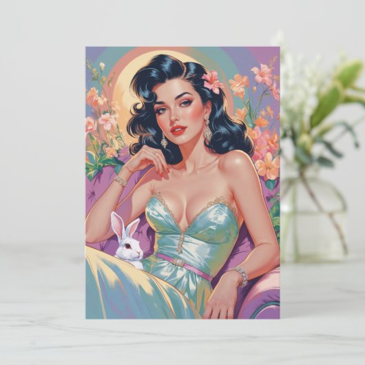 Brunette Pin-Up met Paashaas Feestdagenkaart (Staand voorkant)