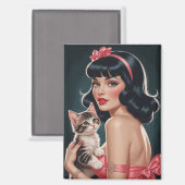 Brunette Pin-Up met Schattige Kitten Portret Magneet (Voorkant / Achterkant)