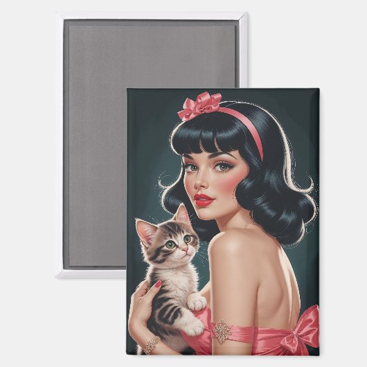 Brunette Pin-Up met Schattige Kitten Portret Magneet (Voorkant / Achterkant)