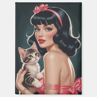 Brunette Pin-Up met Schattige Kitten Portret Magneet