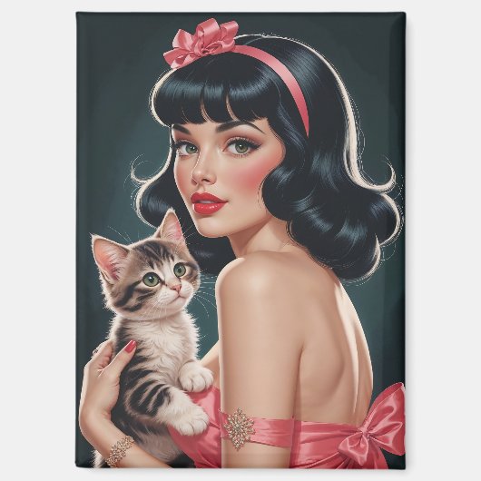 Brunette Pin-Up met Schattige Kitten Portret Magneet (Voorkant)