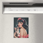 Brunette Pin-Up met Schattige Kitten Portret Magneet (Insitu (Vaatwasser))
