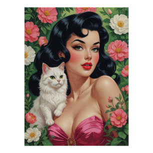 Brunette Pin-Up met Schattige White Cat Poster