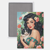 Brunette Pin-Up met Schattigee kat Magneet (Voorkant / Achterkant)