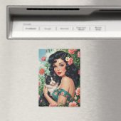 Brunette Pin-Up met Schattigee kat Magneet (Insitu (Vaatwasser))