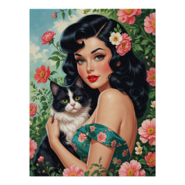 Brunette Pin-Up met Schattigee kat Perfect Poster