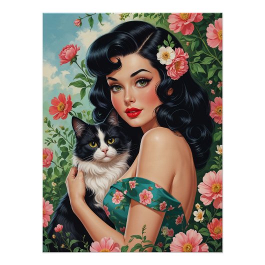 Brunette Pin-Up met Schattigee kat Perfect Poster (Voorkant)
