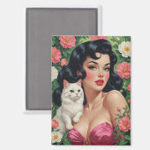 Brunette Pin-Up met Schattigee Witte Kat Magneet (Voorkant / Achterkant)