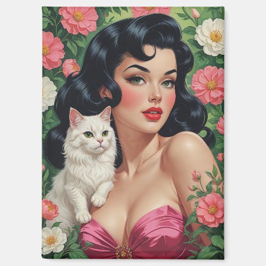Brunette Pin-Up met Schattigee Witte Kat Magneet (Voorkant)