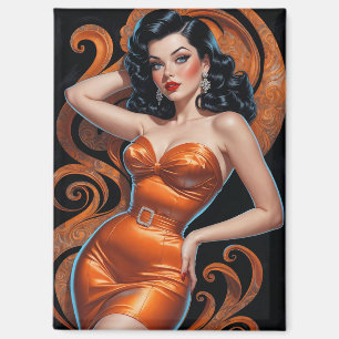 Brunette Pin-Up Oranje Jurk Magneet