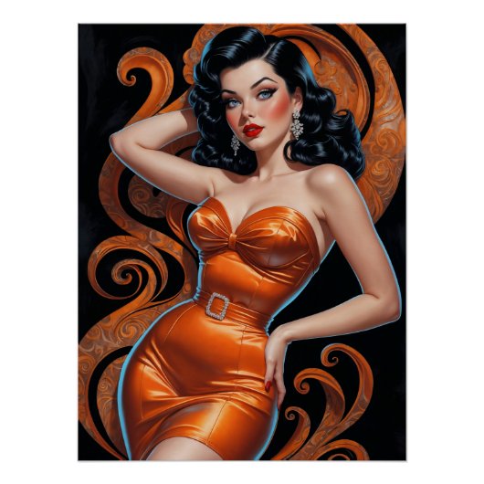Brunette Pin-Up Oranje Jurk Perfect Poster (Voorkant)