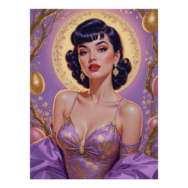 Brunette Pin-Up Paaseieren Goud en Paarse Perfect Poster