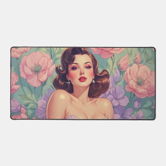 Brunette Pin-Up Pastel Bloemen Bureaumat (Voorkant)