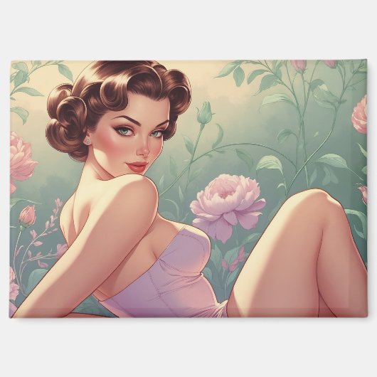 Brunette Pin-Up Pastel Bloemen Magneet (Voorkant)