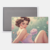 Brunette Pin-Up Pastel Bloemen Magneet (Voorkant / Achterkant)