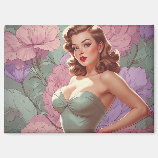 Brunette Pin-Up Pastel Bloemen Magneet (Voorkant)