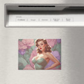 Brunette Pin-Up Pastel Bloemen Magneet (Insitu (Vaatwasser))