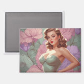 Brunette Pin-Up Pastel Bloemen Magneet (Voorkant / Achterkant)