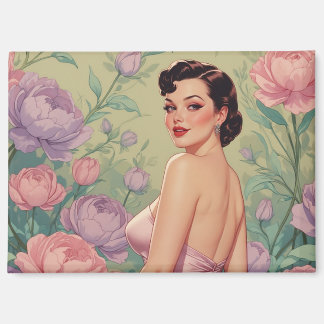 Brunette Pin-Up Pastel Bloemen Magneet