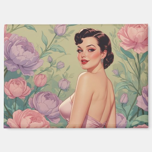 Brunette Pin-Up Pastel Bloemen Magneet (Voorkant)