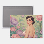 Brunette Pin-Up Pastel Bloemen Magneet (Voorkant / Achterkant)