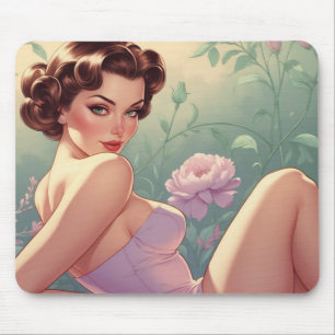 Brunette Pin-Up Pastel Bloemen Muismat