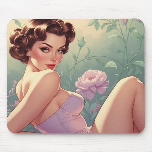 Brunette Pin-Up Pastel Bloemen Muismat (Voorkant)