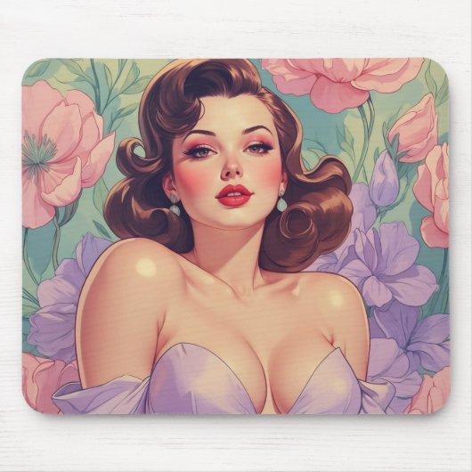 Brunette Pin-Up Pastel Bloemen Muismat (Voorkant)