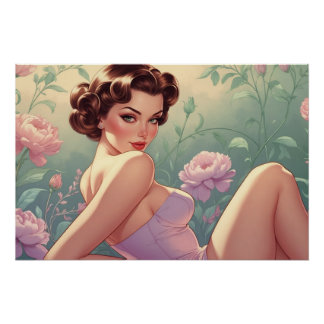 Brunette Pin-Up Pastel Bloemen Perfect Poster
