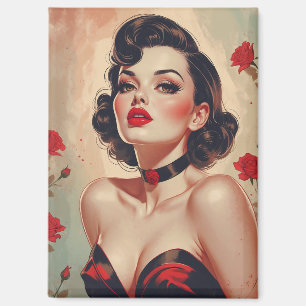 Brunette Pin-Up Rode Rozen Portret Magneet