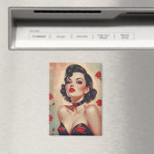 Brunette Pin-Up Rode Rozen Portret Magneet (Insitu (Vaatwasser))