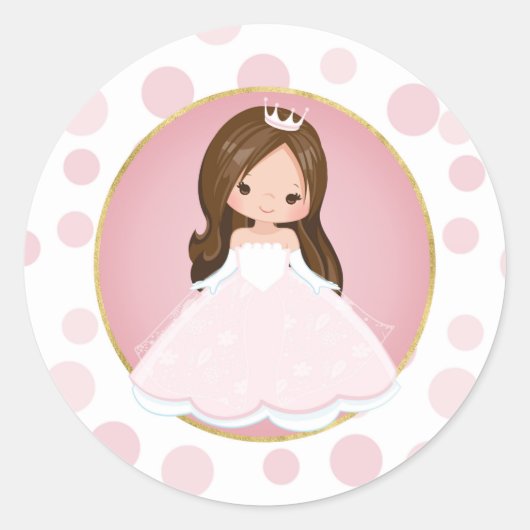 Brunette Pink Princess Ronde Sticker (Voorkant)