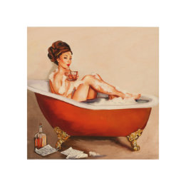  Brunette Pinup Girl die een bad neemt Hout Afdruk