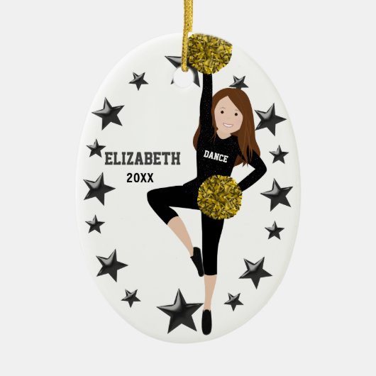 Brunette Pom Squad Gold en Black Ceramic Ornament (Voorkant)