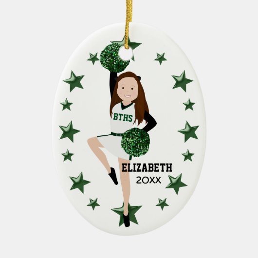 Brunette Pom Squad Green en White Keramisch Ornament (Voorkant)