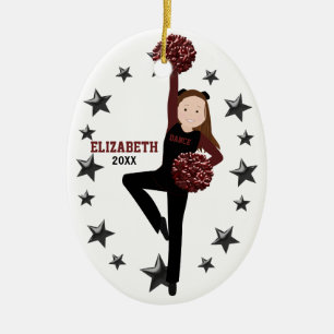 Brunette Pom Squad in Black & Maroon Keramisch Ornament