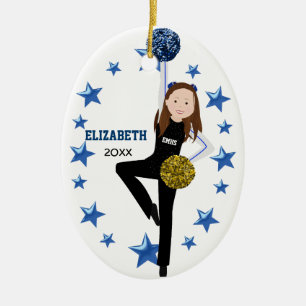 Brunette Pom Squad in Goud, Blauw & Zwart Keramisch Ornament