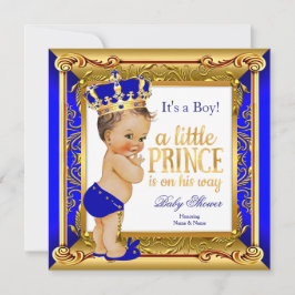 Brunette Prince Baby shower Blue Faux Gold Kaart