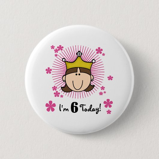 Brunette Princess 6th Birthday Ronde Button 5,7 Cm (Voorkant)