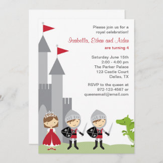Brunette Princess and Knights Birthday Invitations Kaart