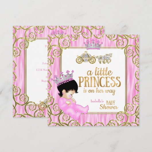 Brunette Princess Baby shower Pink Horse Carriage Kaart (Voorkant / Achterkant)