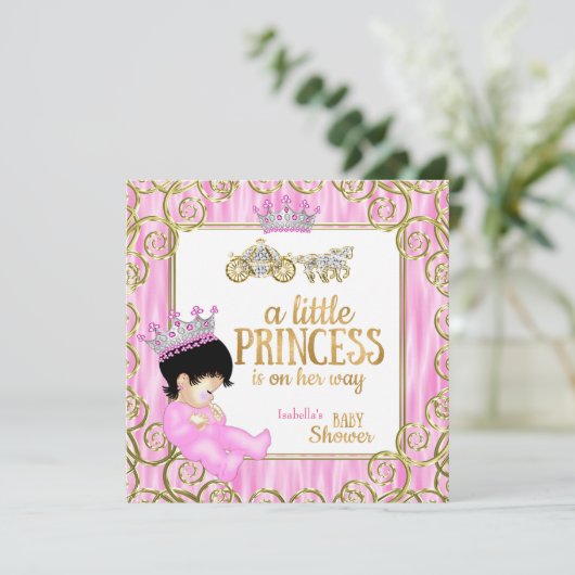 Brunette Princess Baby shower Pink Horse Carriage Kaart (Staand voorkant)