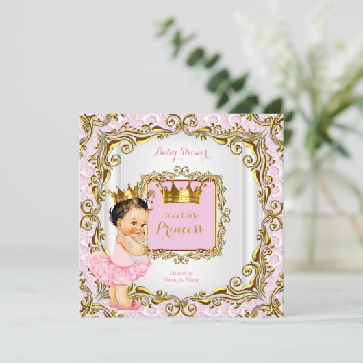 Brunette Princess Baby shower Pink Lace White Gold Kaart (Staand voorkant)