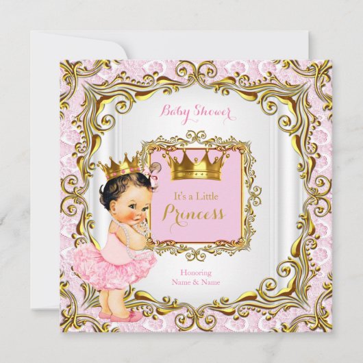 Brunette Princess Baby shower Pink Lace White Gold Kaart (Voorkant)