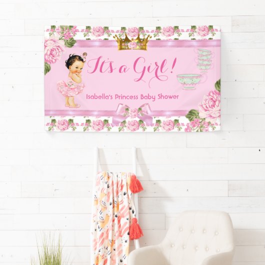 Brunette Princess Baby shower Roze Rozen Tea Party Spandoek (Insitu)