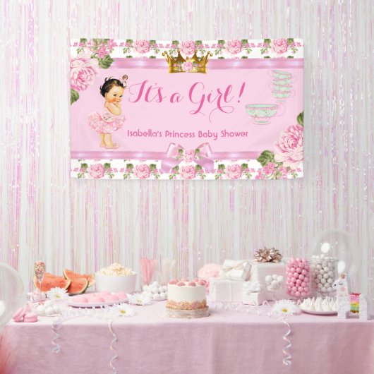 Brunette Princess Baby shower Roze Rozen Tea Party Spandoek (Feest)